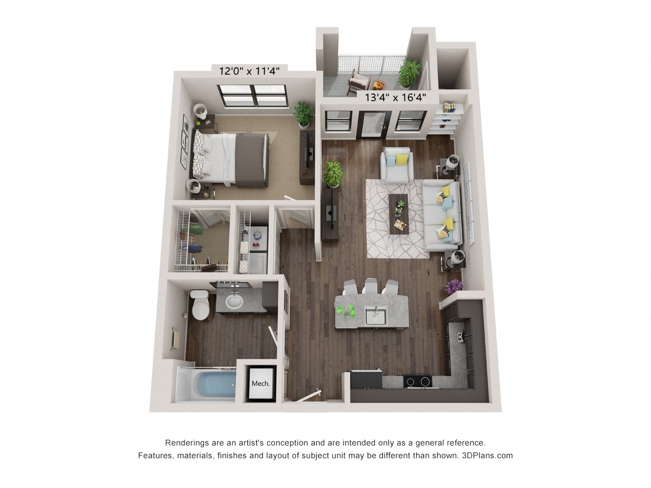 Floor plan for 1 bed, 1 bath, 729 sqft